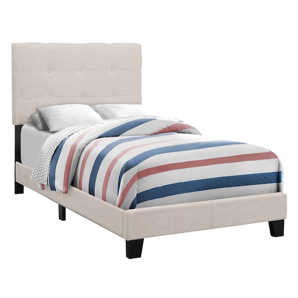 Monarch Specialties Bed, Twin Size, Platform, Teen, Frame, Upholstered, Linen Look, Wood Legs, Beige, Black I 5921T - main